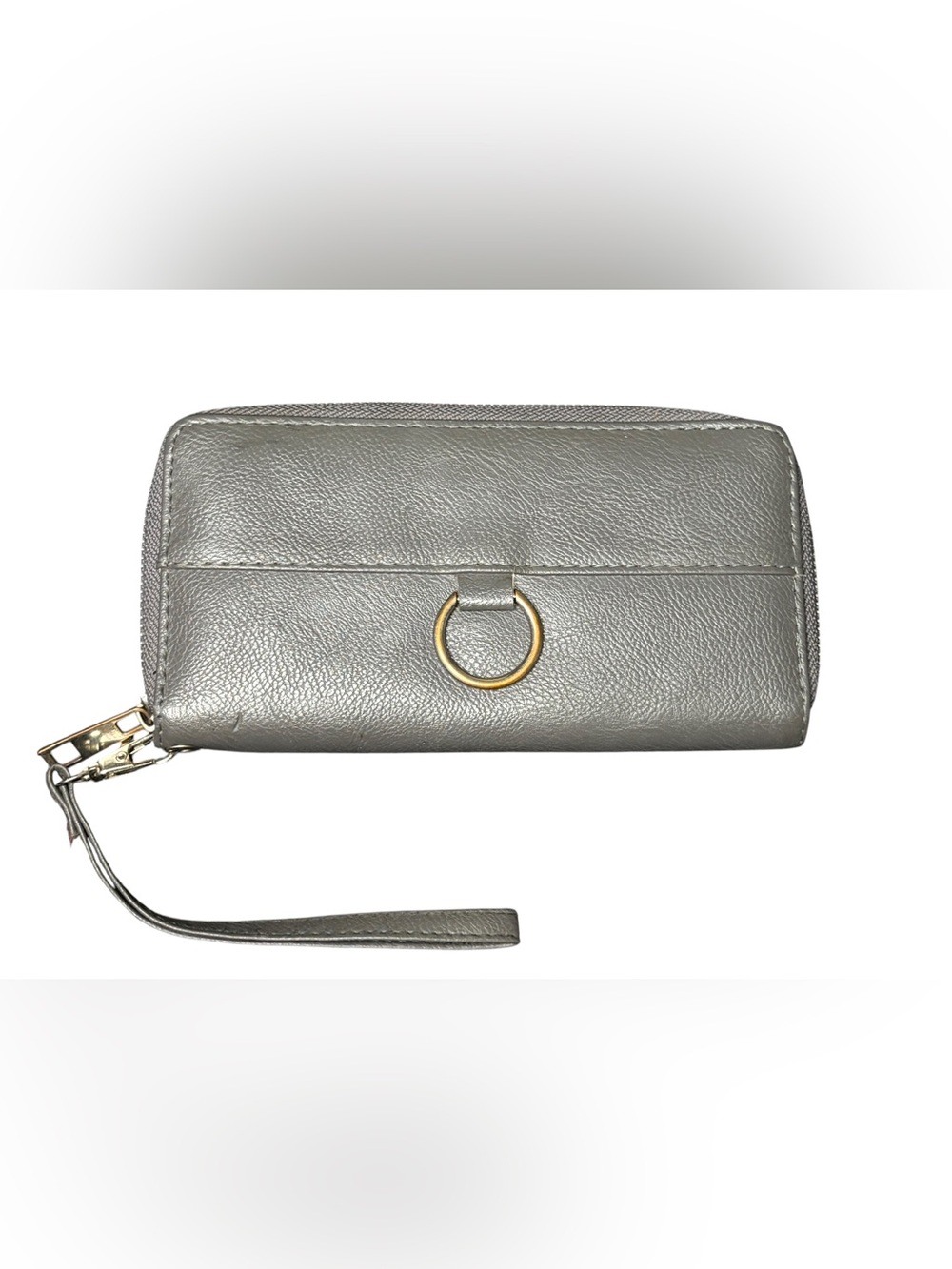 Gray Faux Leather Zip Around Wristlet Wallet Gold Hardware Clutch